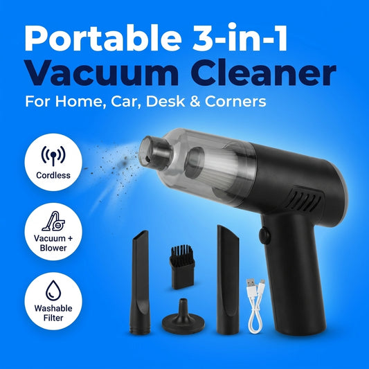 Portable 3-in-1 Vacuum Cleaner for Home, Car, Desk & Corners