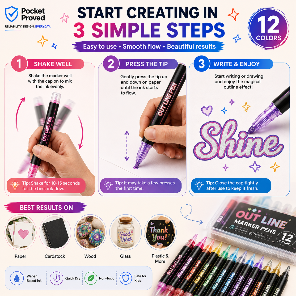 12 Color Magic Outline Marker Pens for DIY Crafts, Cards & Journals