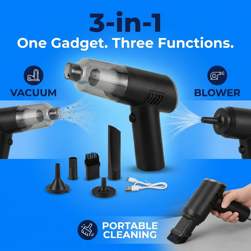 Portable 3-in-1 Vacuum Cleaner for Home, Car, Desk & Corners